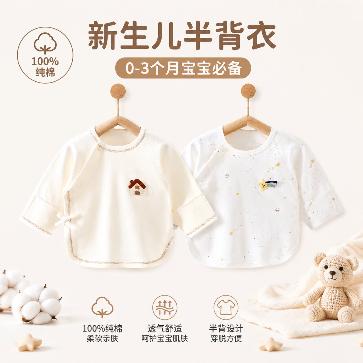 新生儿的半背衣纯棉a类四季款0-3月初生婴儿半背上衣早秋季和尚服