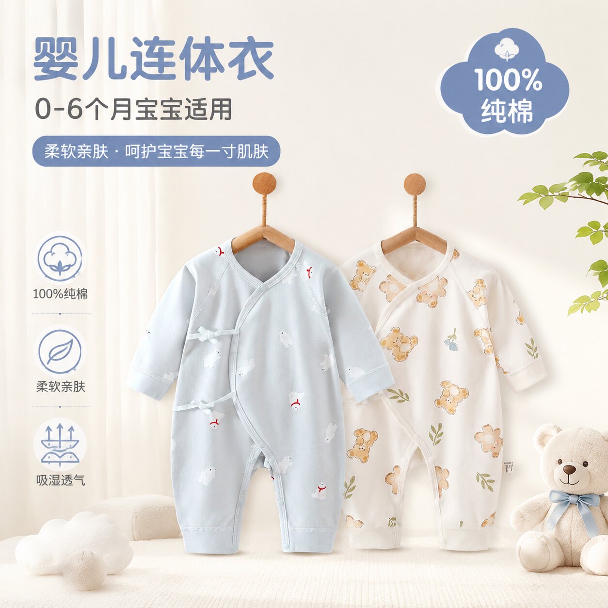 婴儿衣服秋季纯棉打底内衣连体衣男女宝宝四季无骨哈衣爬爬服秋装