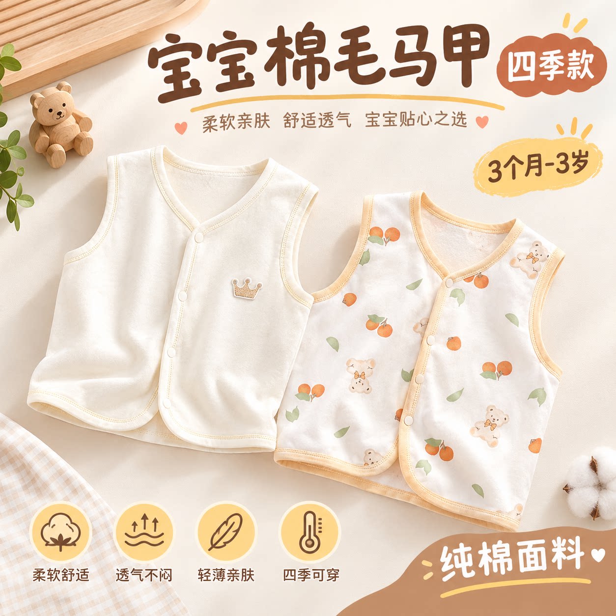 婴儿马甲秋季纯棉婴儿马甲男童女童保暖四季内穿开衫背心上衣秋装