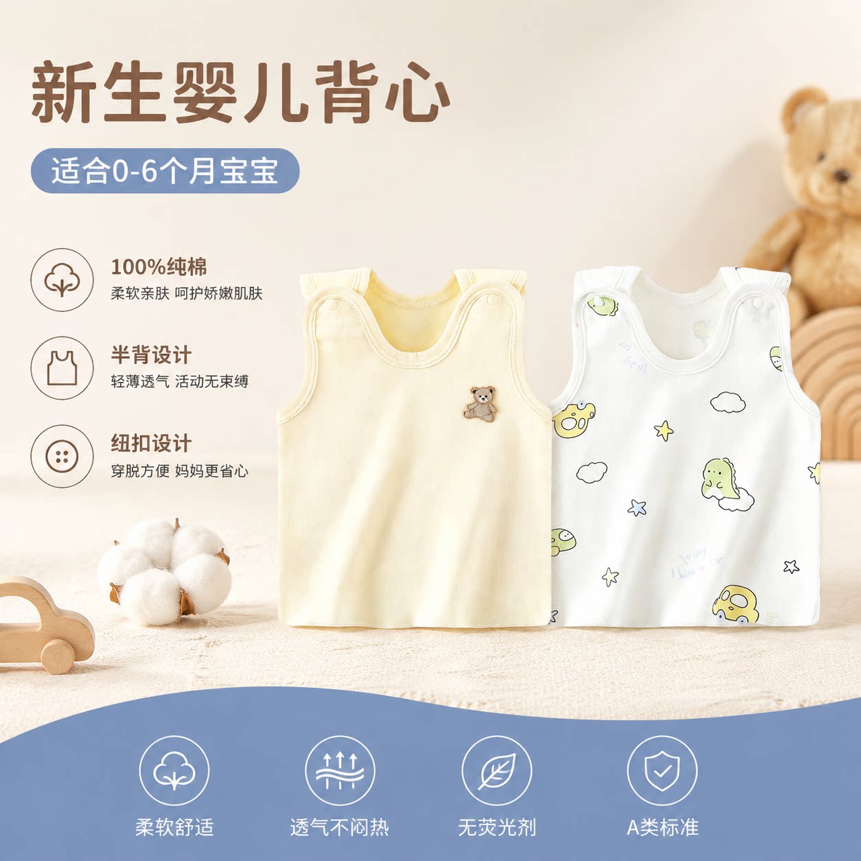 新生婴儿背心护肚纯棉a类春季贴身打底小月龄婴幼儿衣服背心上衣