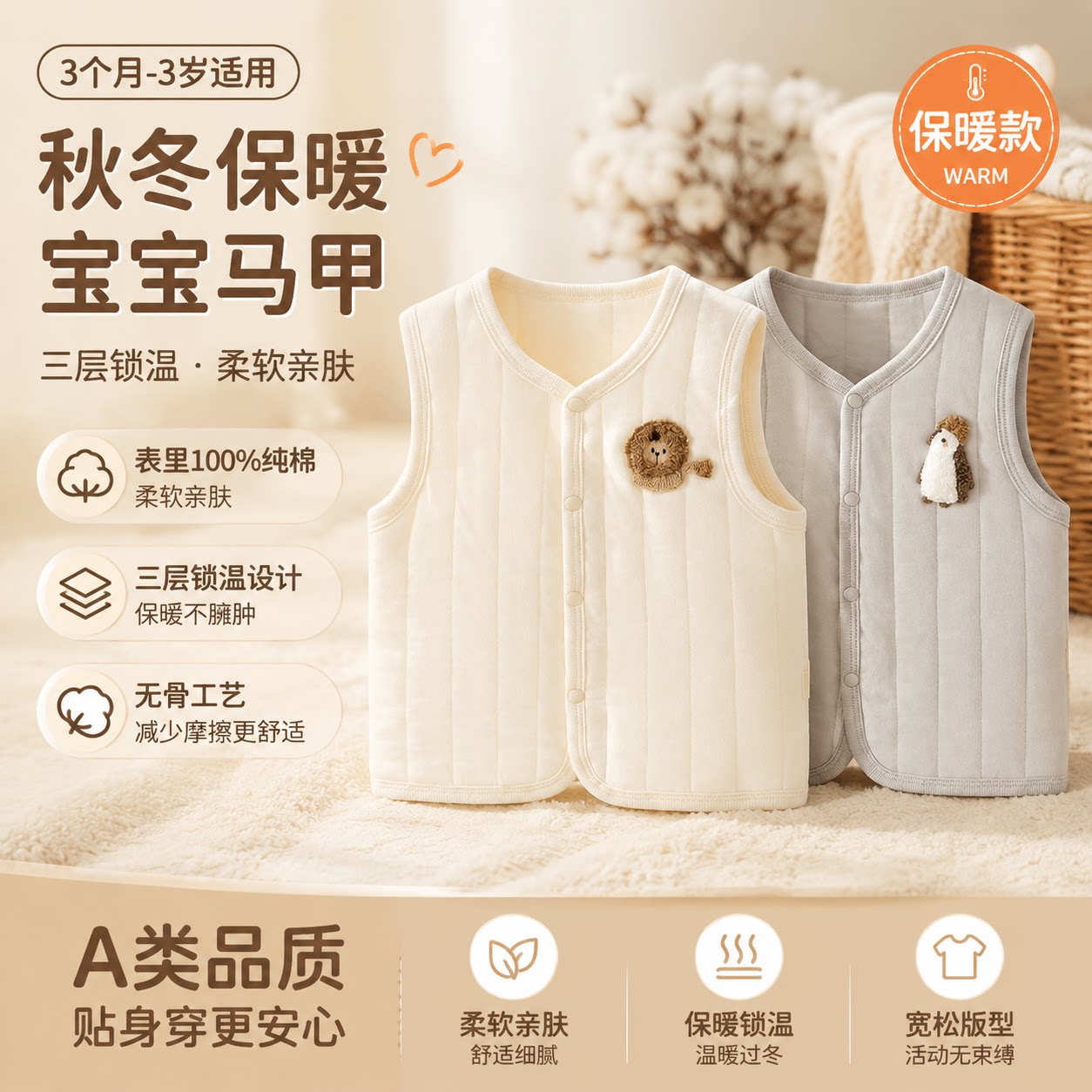 婴儿马甲春秋外穿夹棉新生儿男女宝宝坎肩背心秋冬保暖防着凉秋装