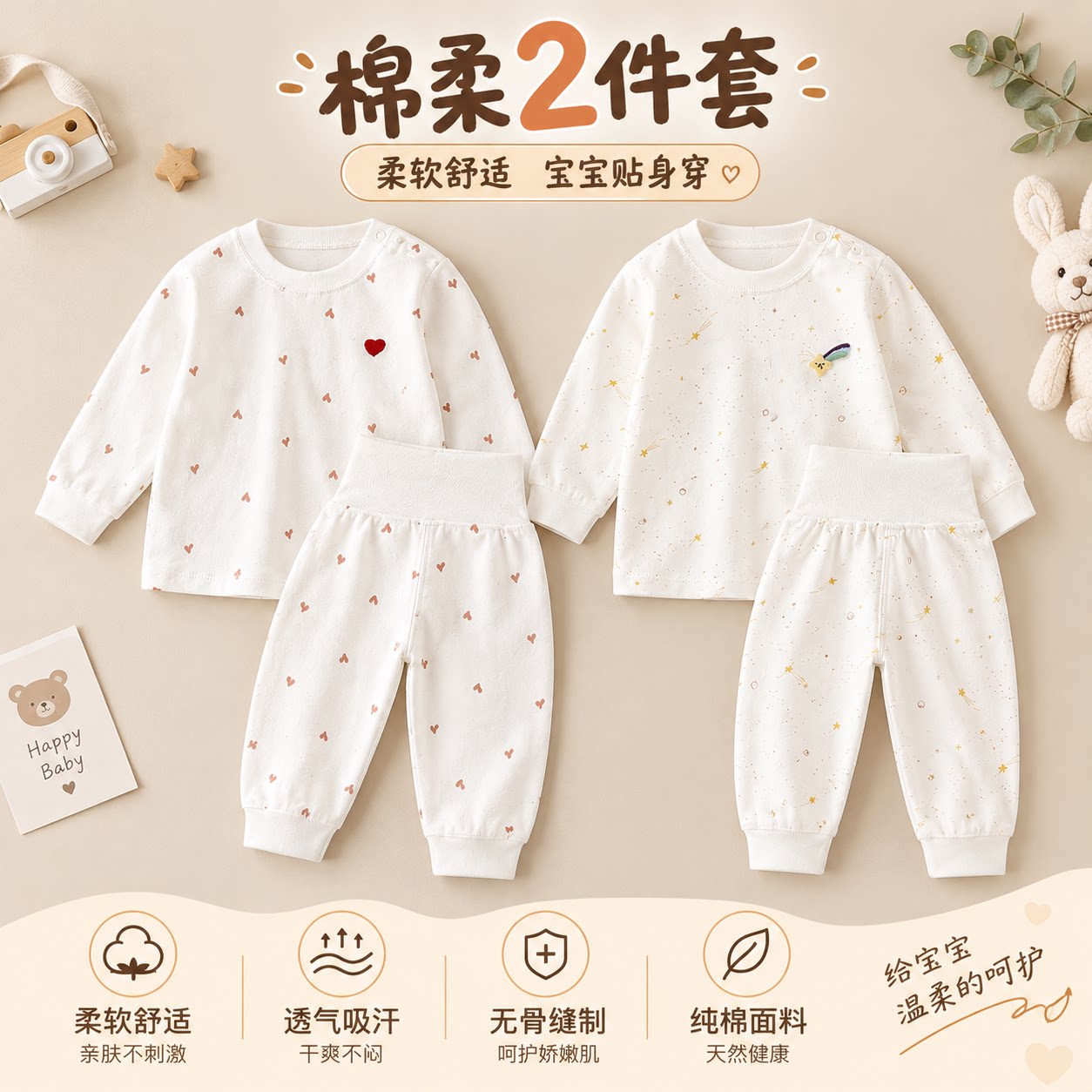 宝宝分体秋衣秋裤早秋套装全棉纯棉高腰婴儿保暖内衣服男女儿童秋