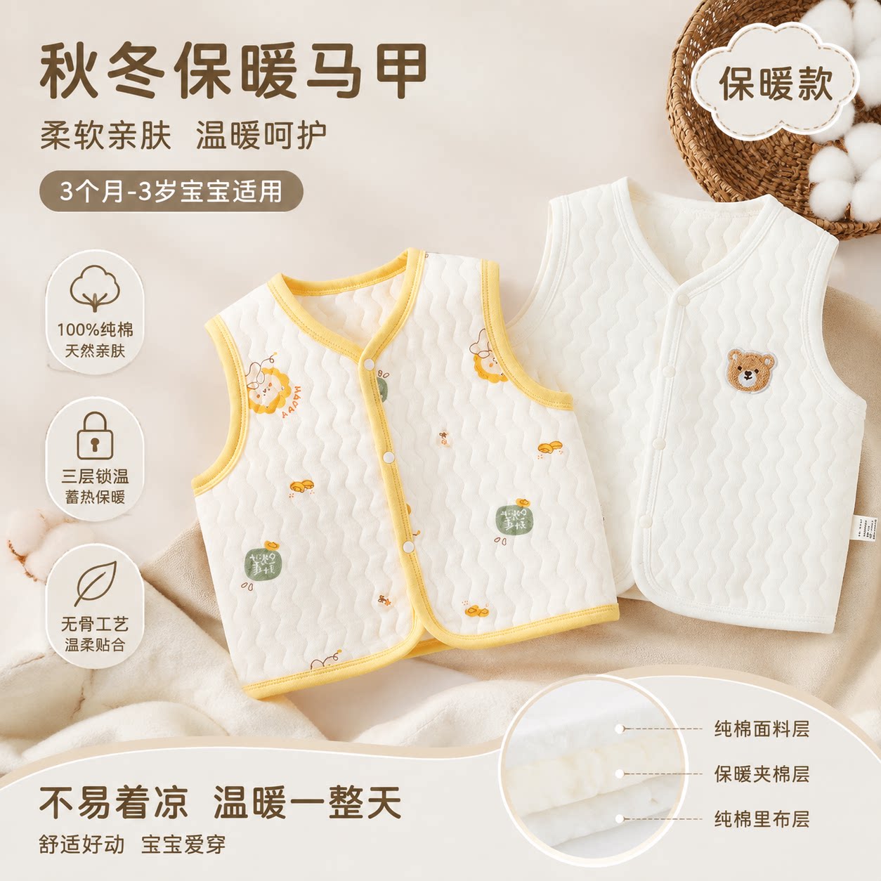 婴儿马甲保暖纯棉A类婴幼女宝宝衣服夹棉秋冬款背心外穿坎肩护肚
