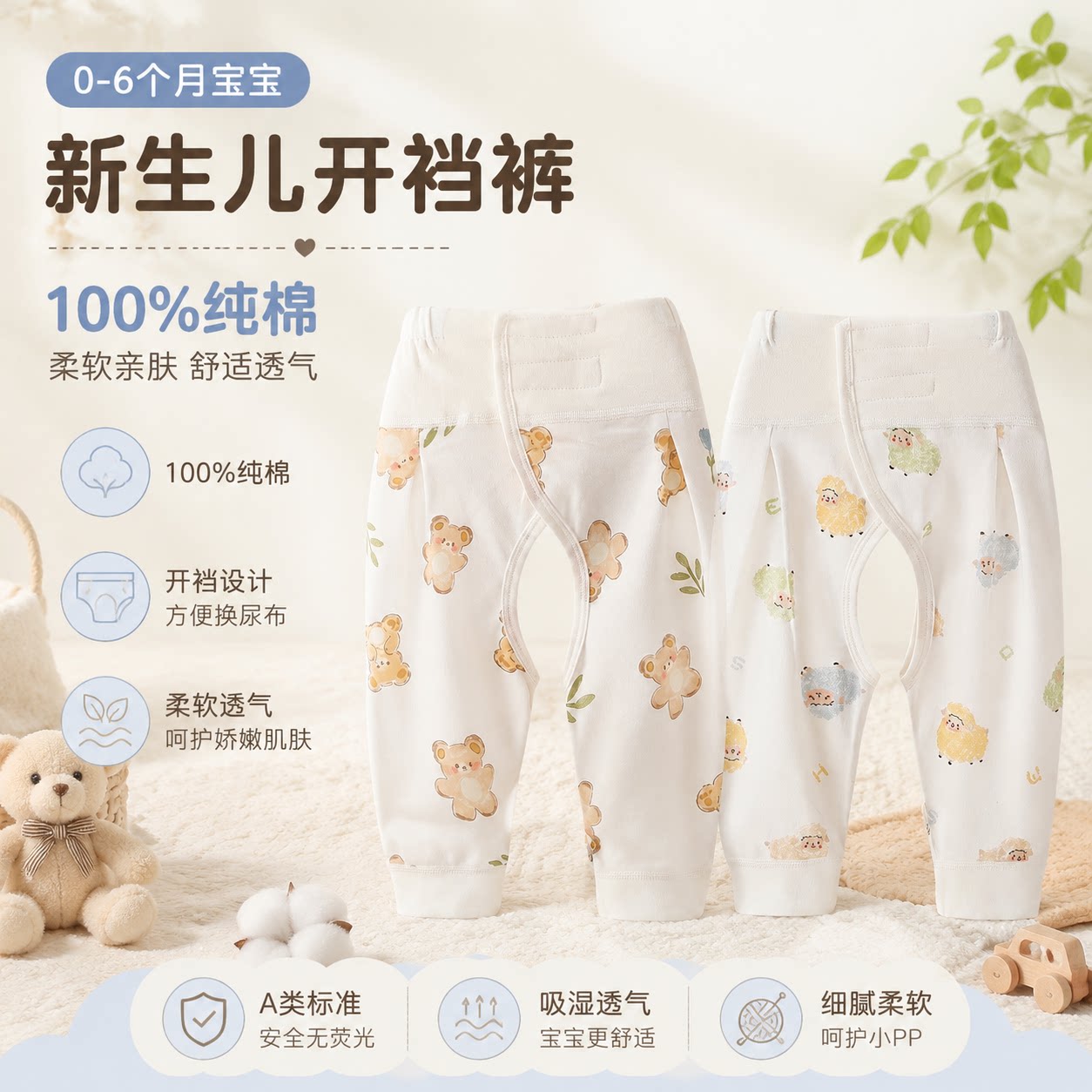 婴儿衣服裤子秋季a类纯棉高腰护肚小月龄四季春秋新生宝宝开档裤