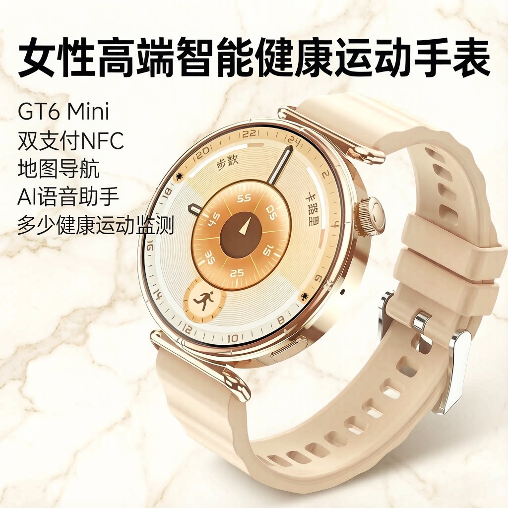 华强北GT6Mini女士智能手表蓝牙通话运动追踪健康监测运动手环NFC