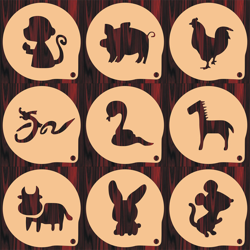 4寸12生肖印花模具咖啡拉花印花蛋糕奶茶喷洒来图定制食品级材质