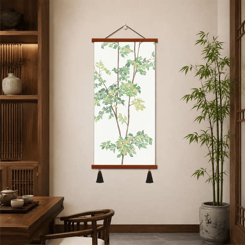 轻奢新中式实木边框绿植装饰画客厅玄关茶室墙面挂画卧室床头壁画