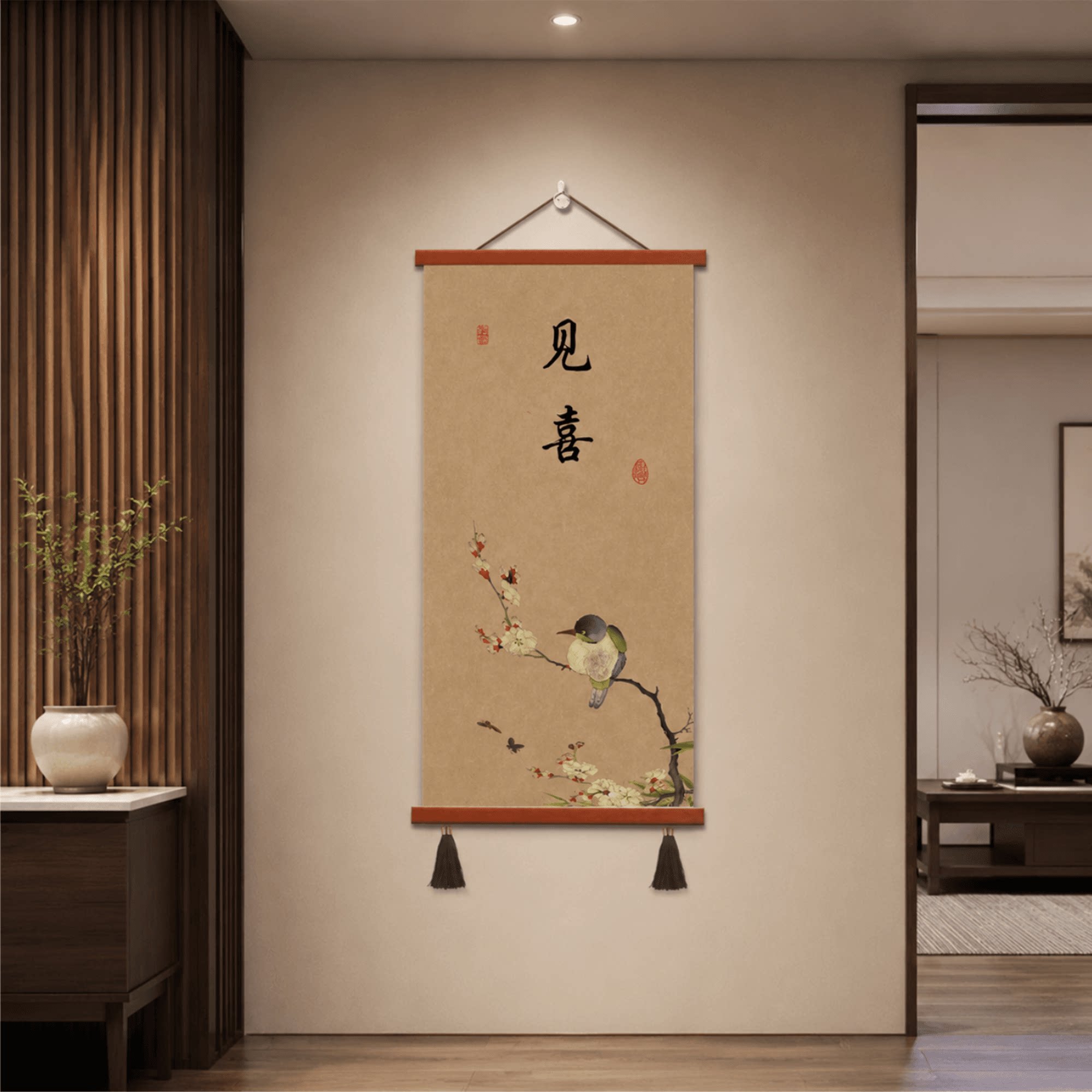 高档新中式见喜花鸟玄关挂画走廊过道墙面装饰画茶室书房客厅壁画
