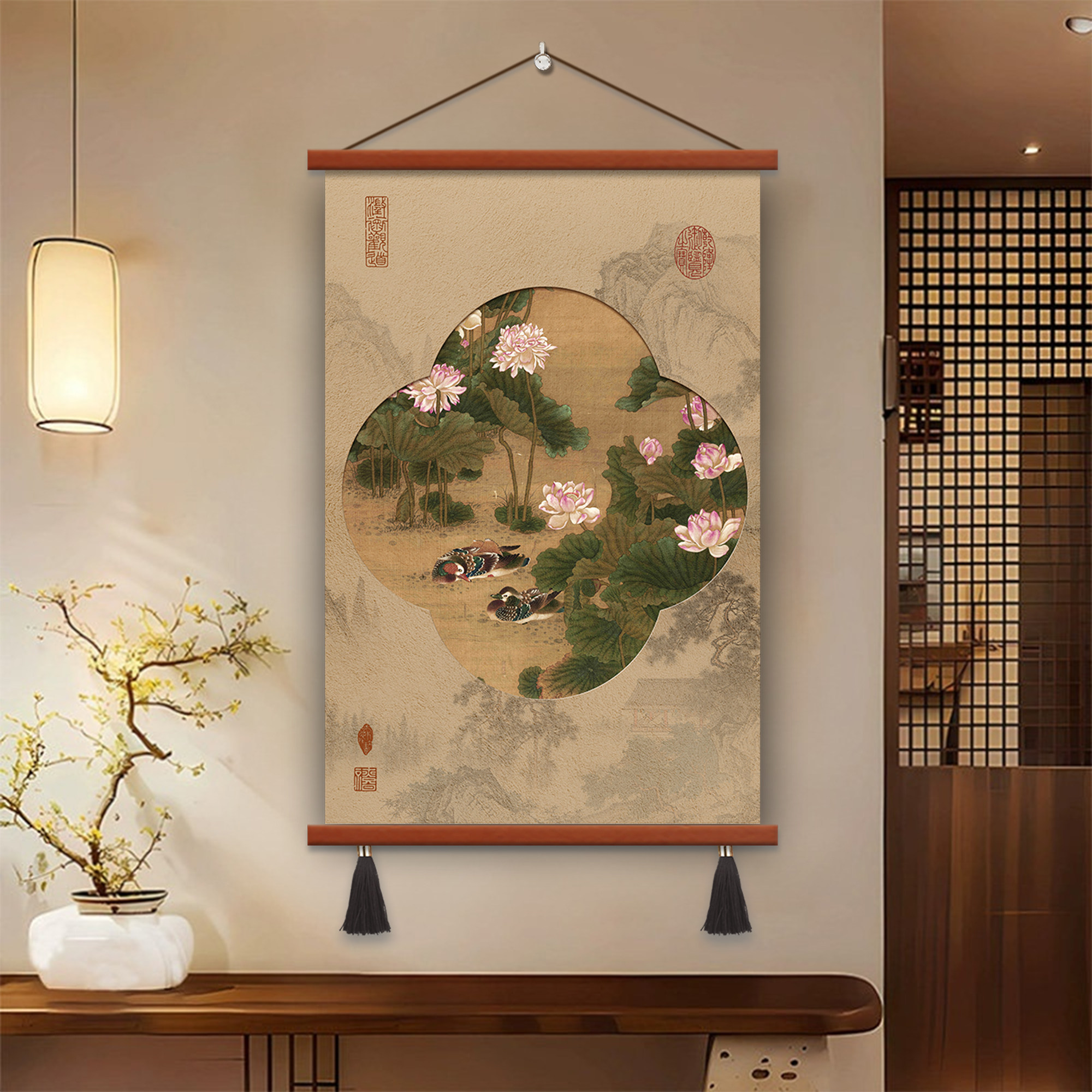 新中式荷花鸳鸯玄关画挂画客厅装饰画禅意茶室餐厅卧室背景墙壁画