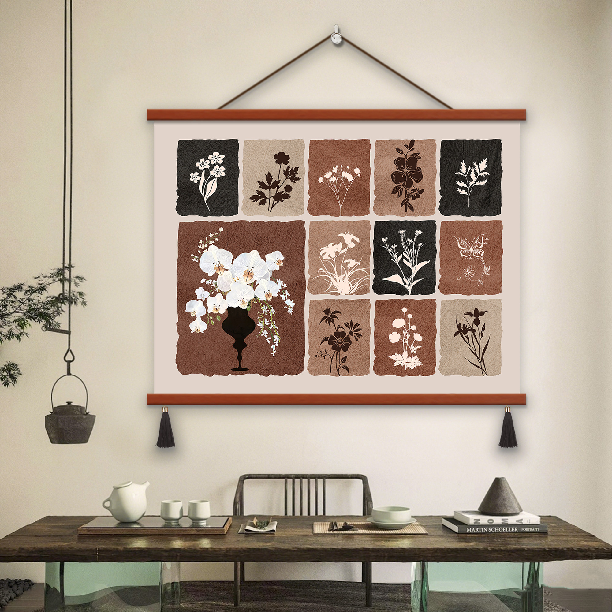 新中式蝴蝶植物挂画客厅装饰画实木框无框画布40x30cm