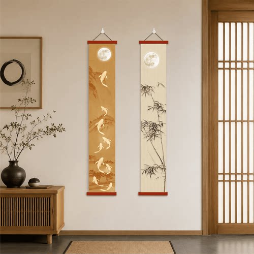 新中式国风禅意九鱼竹月长条挂画入户走廊客厅玄关茶室墙面装饰画
