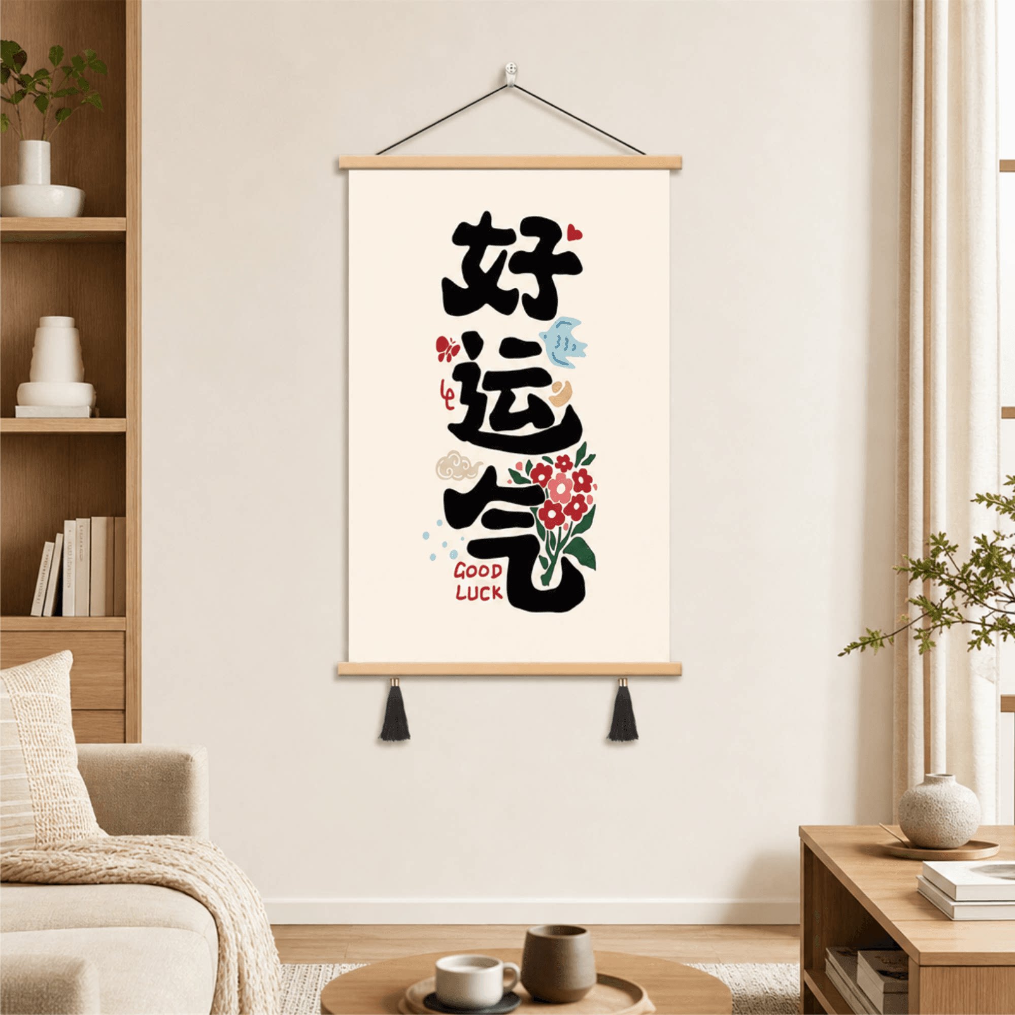 新中式好运气书法装饰画客厅玄关墙面布艺壁画卧室床头背景墙软装