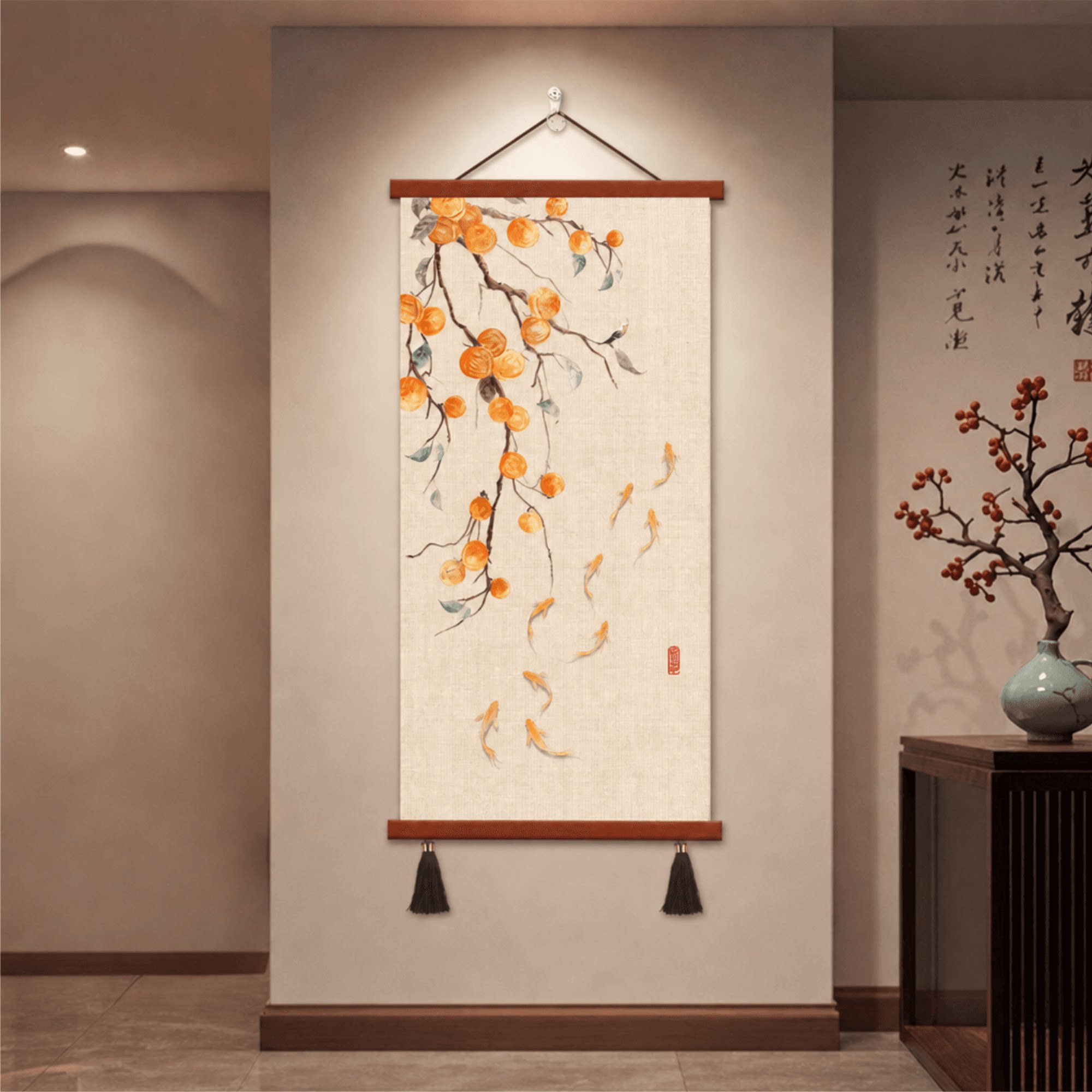 高端新中式轻奢竖版玄关客厅挂画柿柿如意九鱼图茶室背景墙装饰画