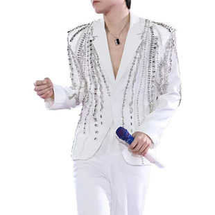 ROKKIHU 法式明星张杰演唱会同款重工手工钻链后背蕾丝透视西服