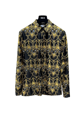 ROKKIHU 2023法国DIOX金色刺绣手工订钻图案真丝醋酸丝滑男士衬衫