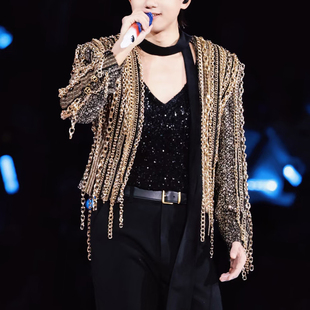 ROKKIHU 张杰演唱会同款黑金链条流苏亮片夹克男舞台表演宽松外套