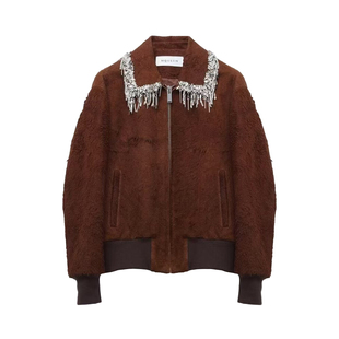 口小众外套 饰翻领拉链袖 ROKKIHU 秋冬棕色毛绒夹克银色流苏装