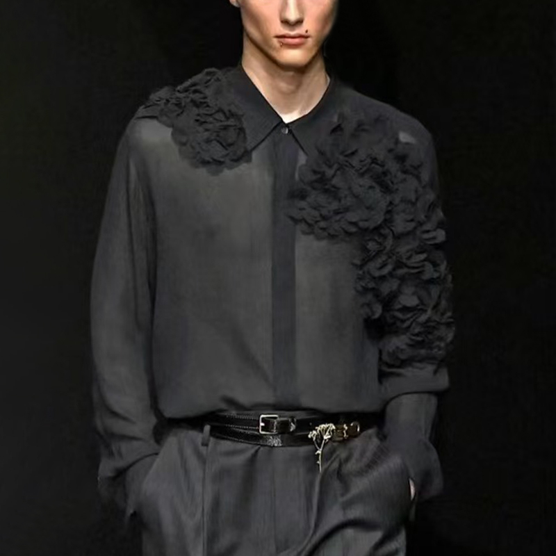 ROKKIHU 暗黑系立体花朵装饰真丝衬衫男小众高街透视感上衣