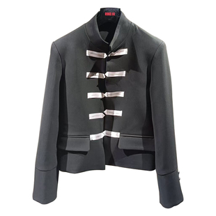 ROKKIHU 法式明星款拿破仑宫廷拼接银色撞色开衫夹克短外套