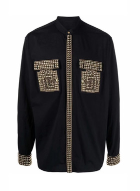 ROKKIHU 说唱坎爷金色烫片法式重工bal黑色铜氨丝衬衫