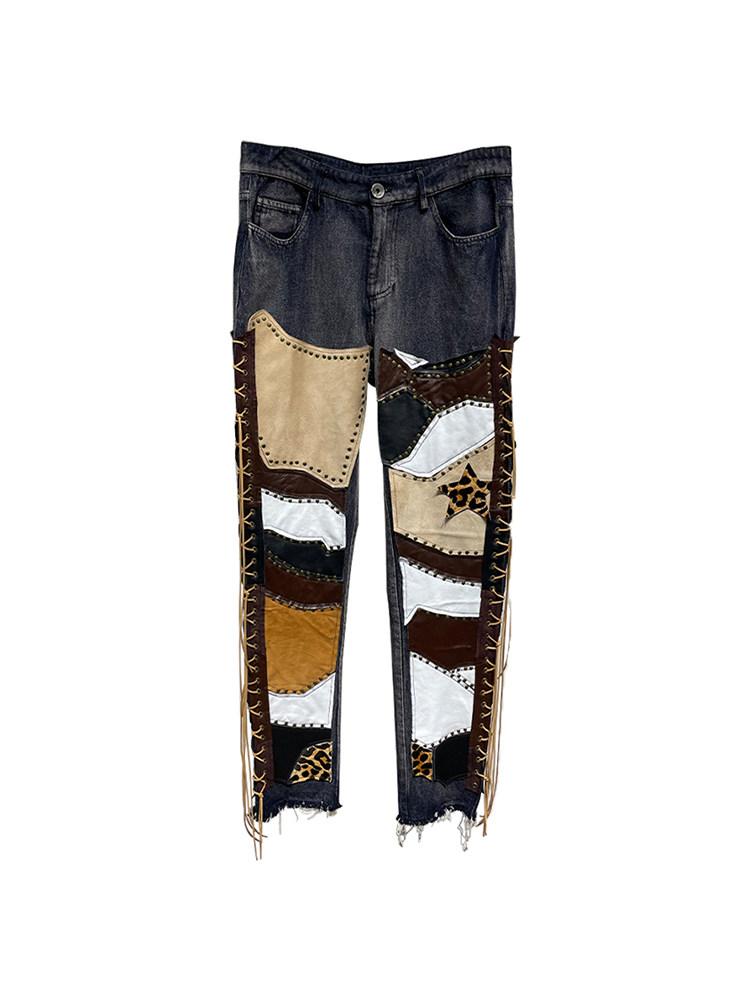 ROKKIHU 个性羊皮牛毛拼接绑绳牛仔裤小众嘻哈宽松百搭高街休闲裤