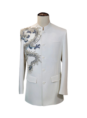 ROKKIHU 中式白色西装男龙纹钉珠刺绣礼服新郎婚礼演出中山装外套