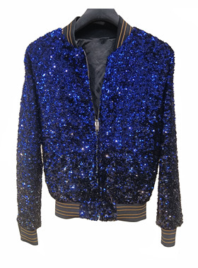 ROKKI HU 男士珠片亮片休闲飞行员夹克外套满天星蓝色渐变深色