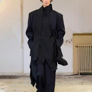 走秀款 ROKKIHU 廓形外套立领个性 男款 西服 暗黑系解构风西装