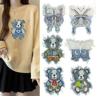卡通刺绣烫钻布贴牛仔小熊蝴蝶装饰贴服装包包配饰diy辅料补丁贴