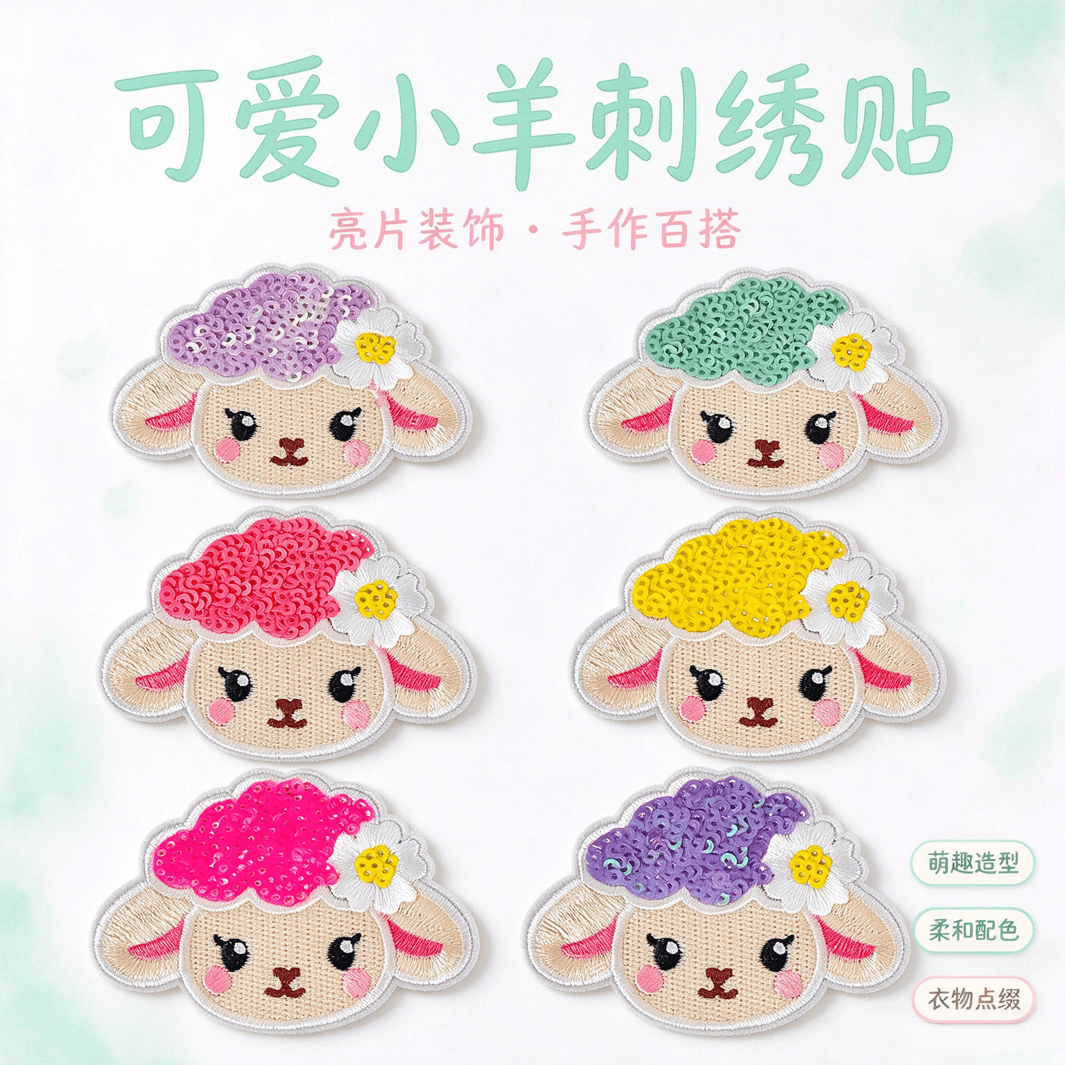时尚亮片小羊刺绣贴自粘卡通