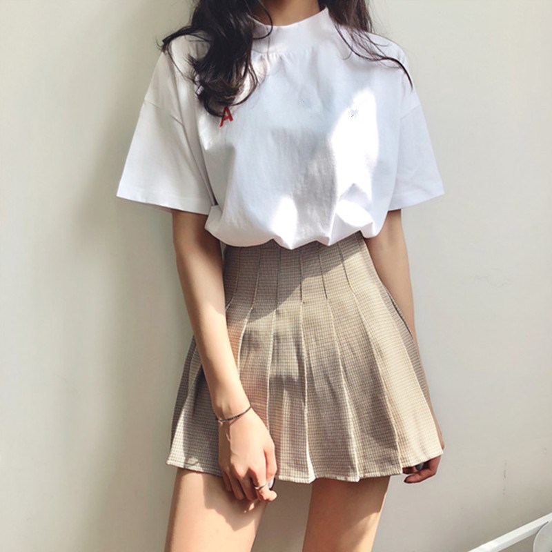 港味复古韩版chic风少女格子百搭a字百褶裙高腰显瘦半身裙短裤裙