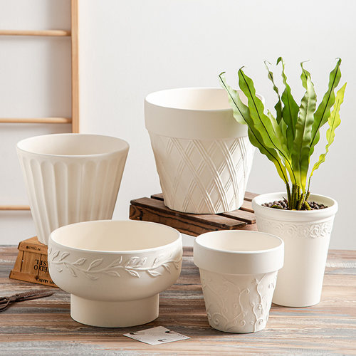 米白色陶瓷花盆陶土简约浮雕粗陶瓦盆家用绿植朱顶红绿萝花带托盘