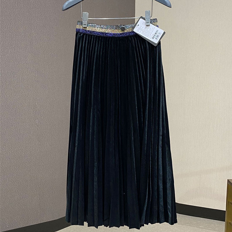 正品哥弟新款女装2022春季职业中长款松紧高腰丝绒裙百褶裙半身裙