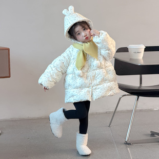 微胖中小女童羽绒服冬装中长款加厚连帽碎花保暖外套棉衣宽松棉袄