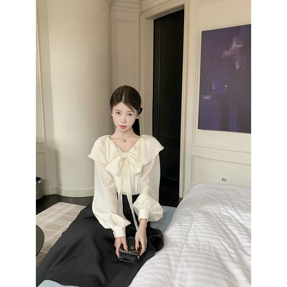 韩式温柔氛围感千金风荷叶边长袖衬衫+高腰气质半身裙两件套套装