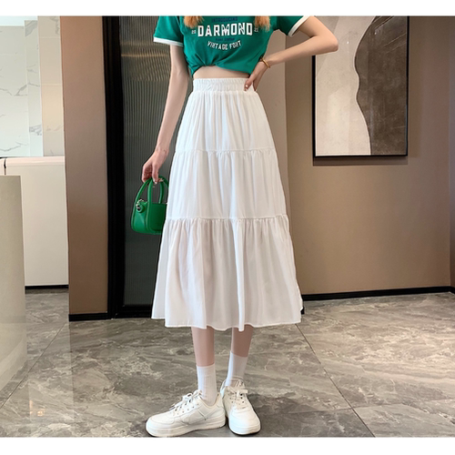 实拍~半身裙女夏季新款a字裙高腰显瘦拼接蛋糕裙百搭中长款裙子