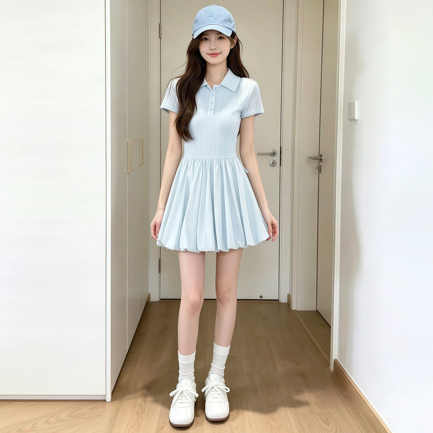 小个子蓝色连衣裙子女夏季2026新款夏日海岛穿搭收腰绝美花苞短裙