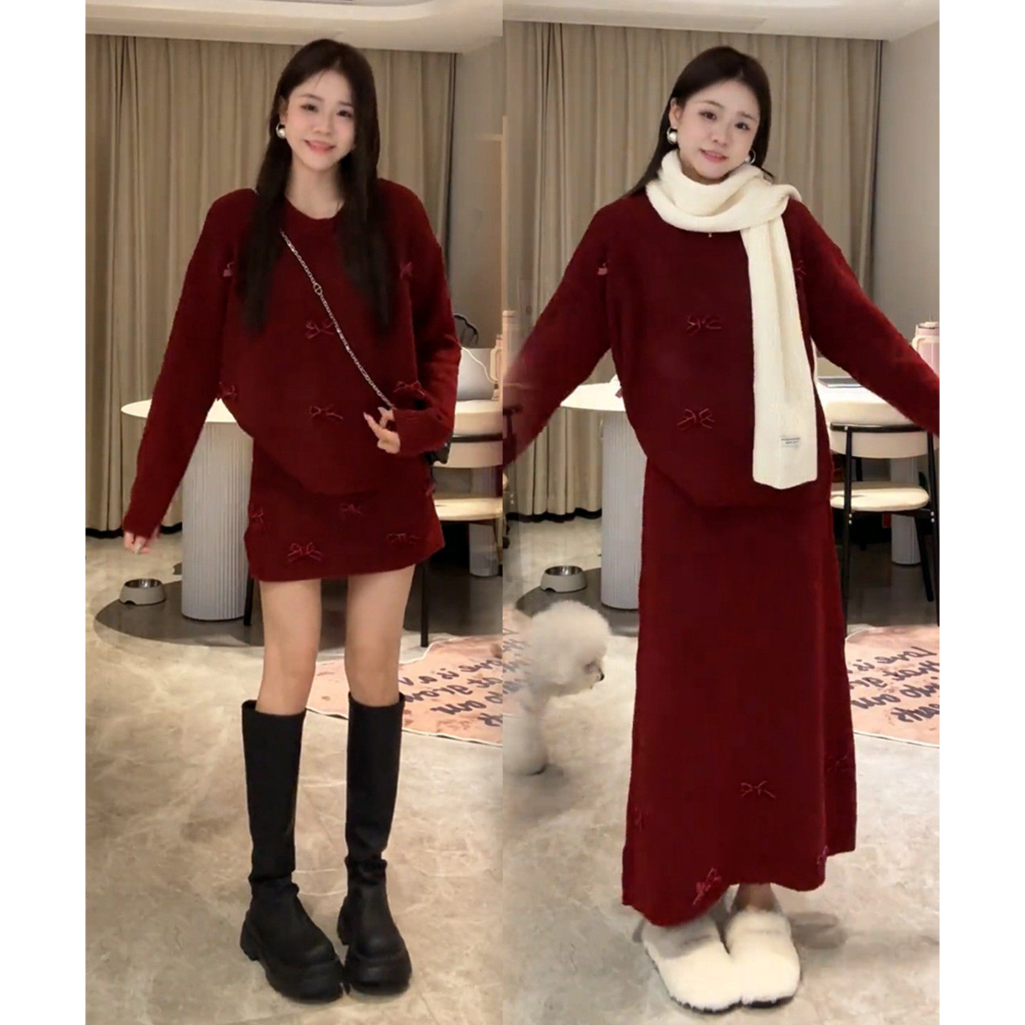 红色蝴蝶结毛衣套装女2026冬季新款加厚宽松慵懒针织半身裙两件套