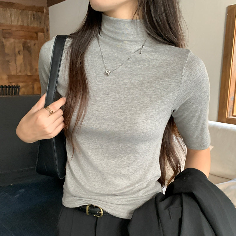 半高领灰色正肩短袖T恤女春秋季修身内搭打底衫高级感五分袖上衣