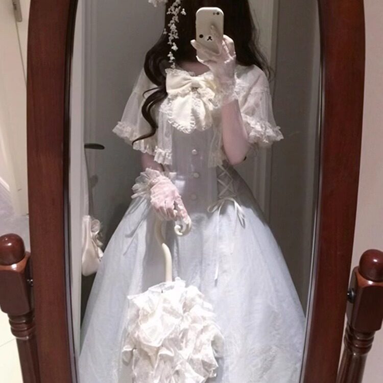 【初夏海棠】夏季新款甜美清新蕾丝蝴蝶结浅蓝色连衣裙女