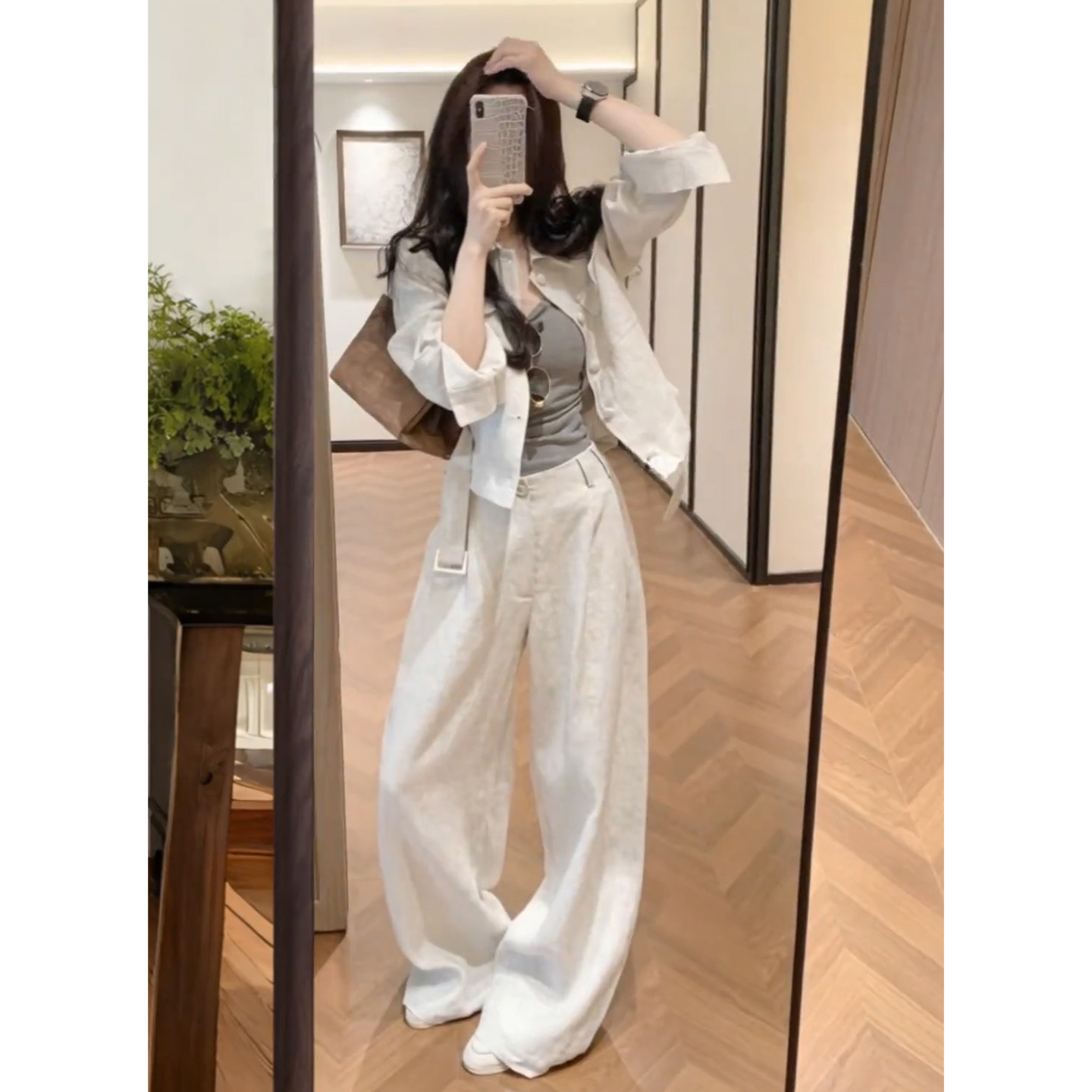 2026新款老钱风亚麻衬衫套装女春季休闲收腰工装衬衣阔腿裤两件套