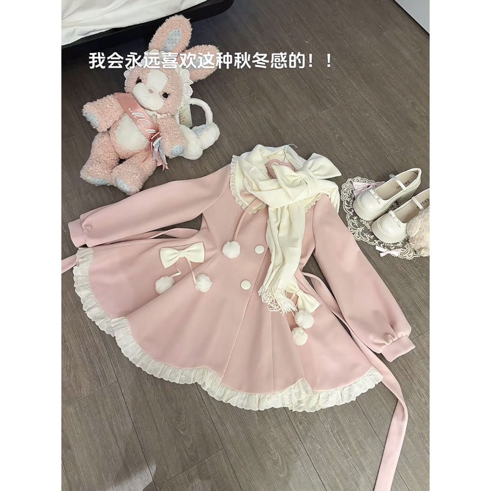 秋冬甜美风小个子围巾花边娃娃领毛球系带毛呢外套秋冬新款女