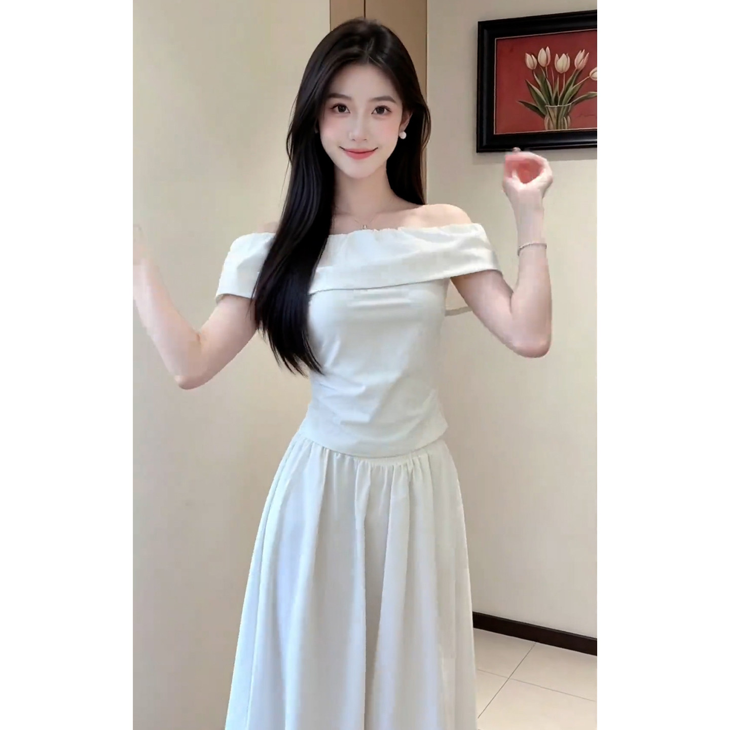 法式白色一字肩连衣裙子女2026年夏季新款高级感气质绝美度假长裙