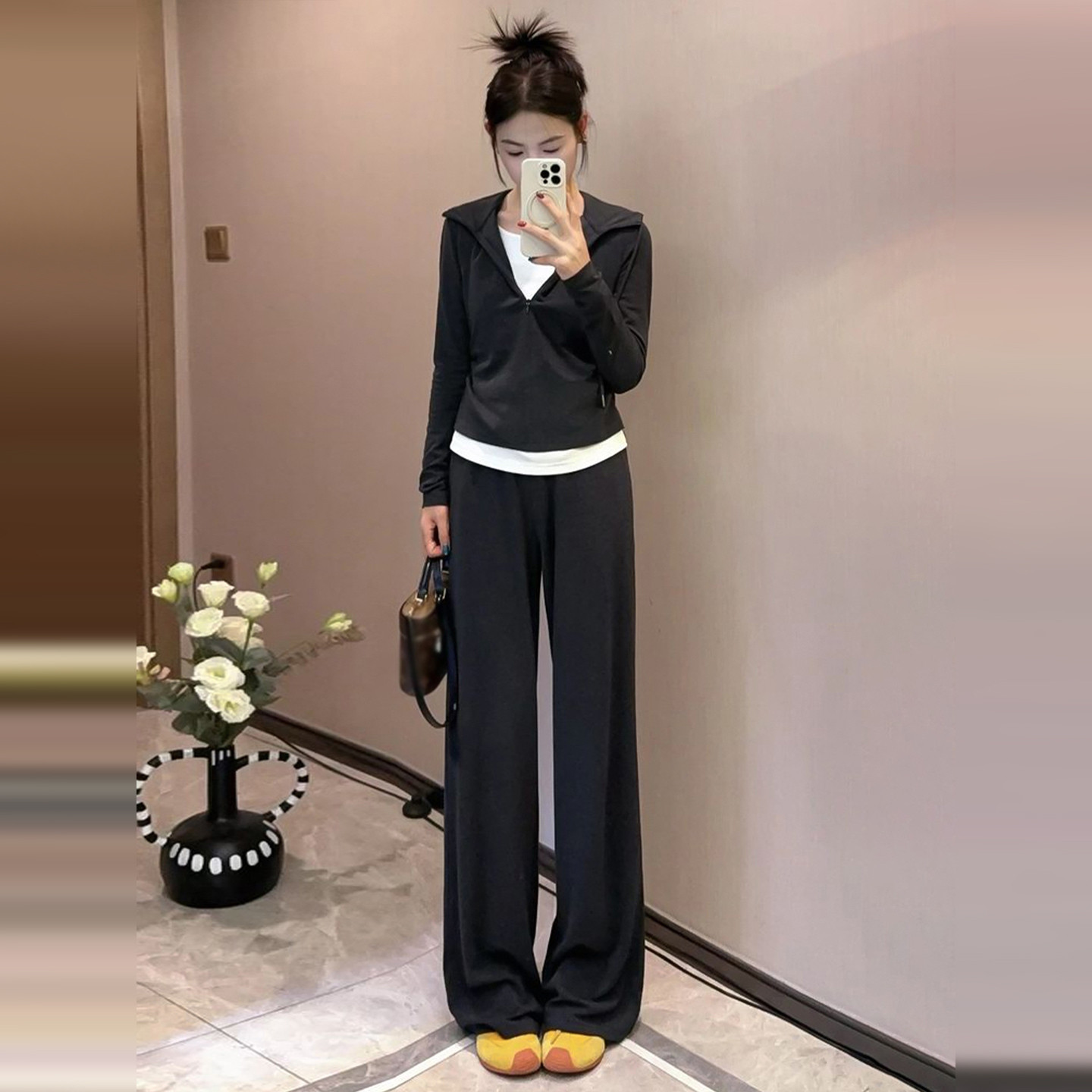 灰色假两件连帽卫衣休闲运动阔脚裤两件套装女早秋韩系穿搭一整套