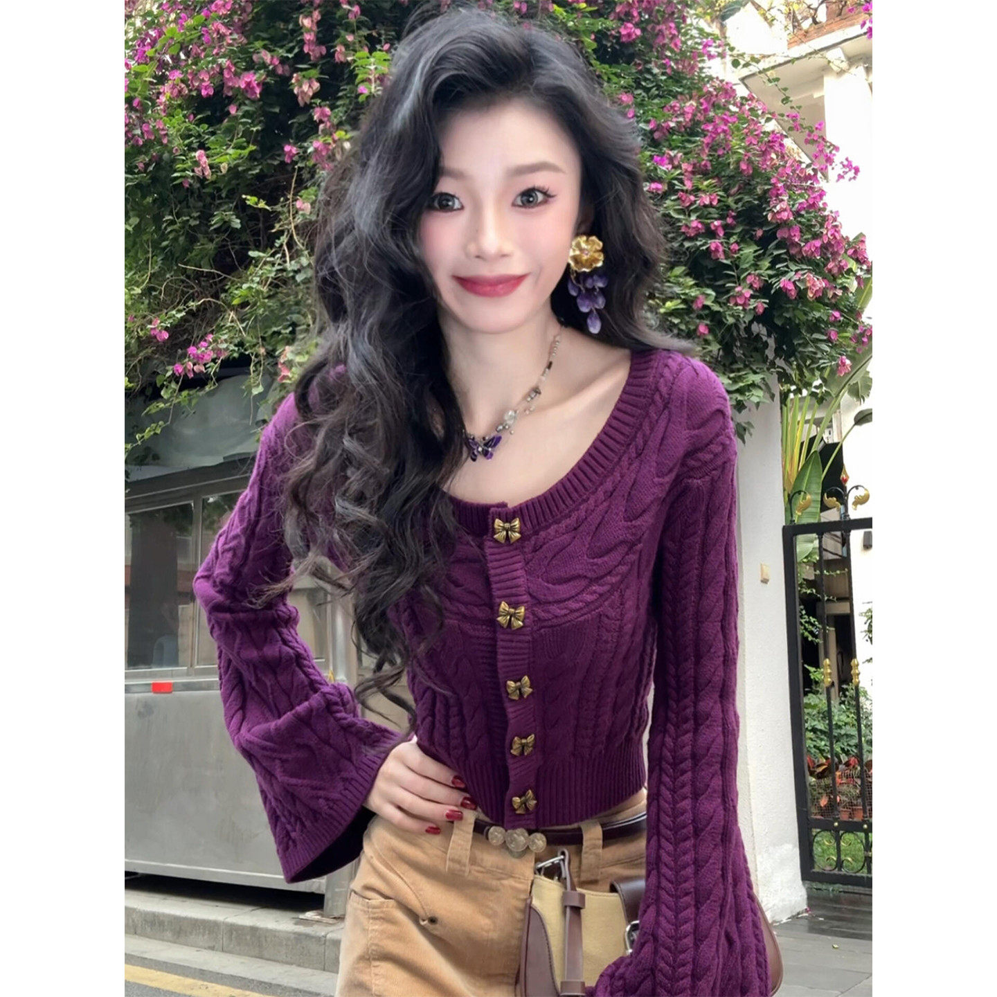 2026秋季新款甜美风紫色圆领毛衣女修身开衫金属扣长袖针织衫