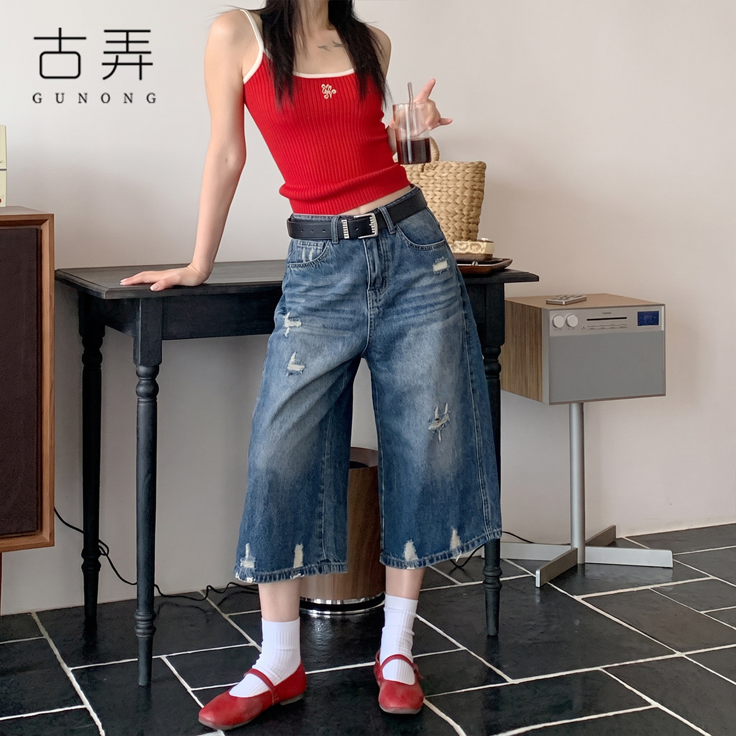 深蓝破洞七分牛仔裤女2026梨型身材显瘦裤子梨形粗腿跨大阔腿裤子