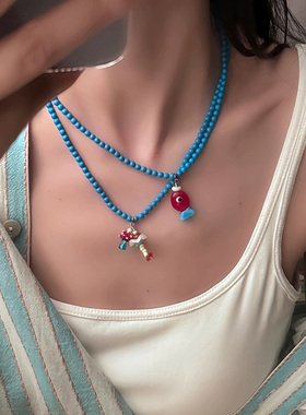 区区欧阳蓝色串珠小鱼项链