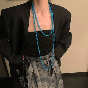 网红欧阳蓝色串珠项链长款新中式国风复古叠戴马面裙毛衣链配饰女