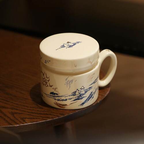 蓝莲花带盖家用马克杯家用泡茶杯