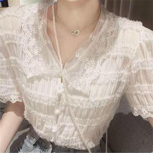 春夏季法式甜美温柔超仙女上衣设计感小众韩风小个子短袖雪纺衬衫